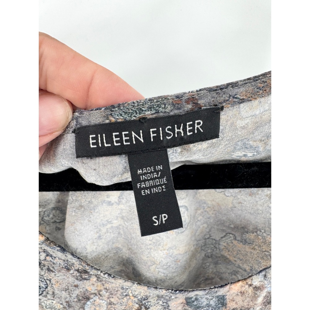 Eileen Fisher Silk Tank Top Women Small Petite Gray Abstract High Low Slits - Picture 2 of 9